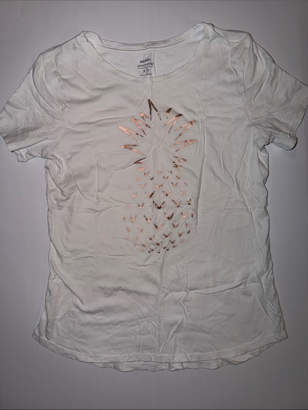 Old Navy Everywear Tee - White Short Sleeve Tee with Rose Gold Pineapple Accent